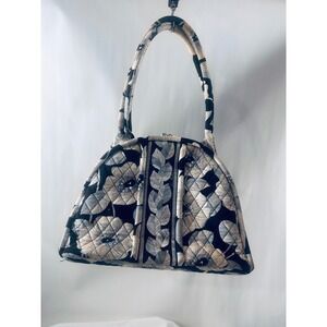 Vera Bradley Night Owl Quilted Cotton Kisslock Frame Handbag Black White Floral